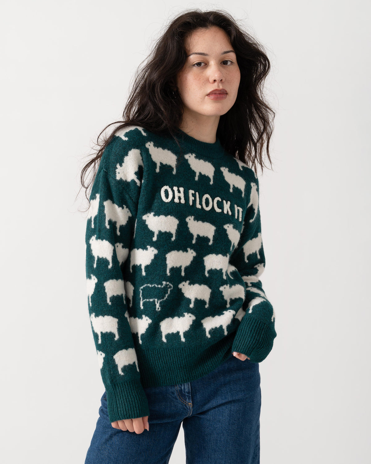Styled shot of the Joules Womens Flock Knit Jumper - Green