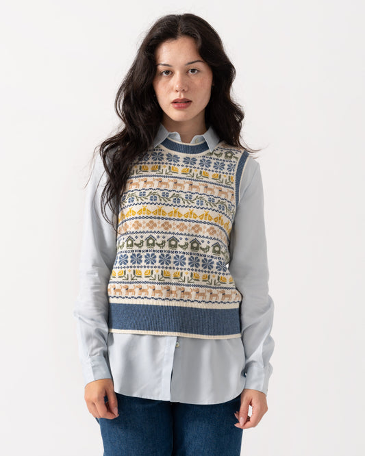 Front of Joules Womens Intarsia Knitted Tank Top - Cream/Blue