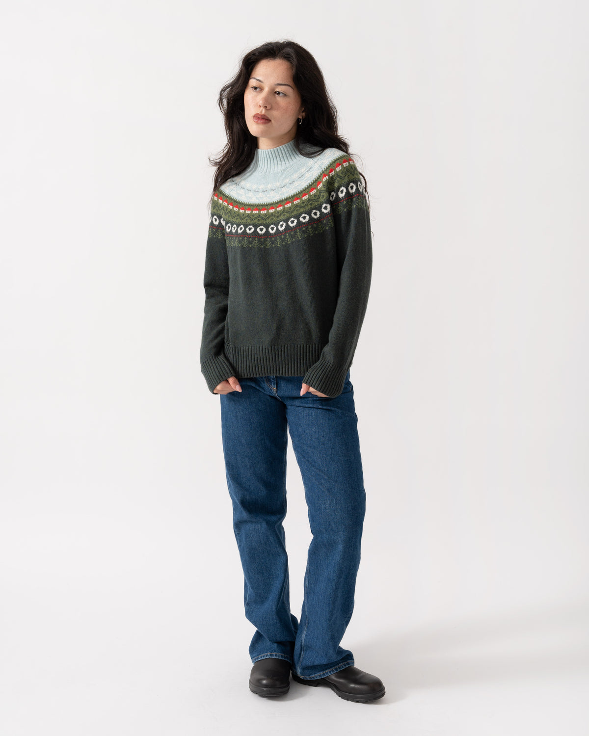 Model wearing the Joules Womens Landscape Fairisle Jumper - Green