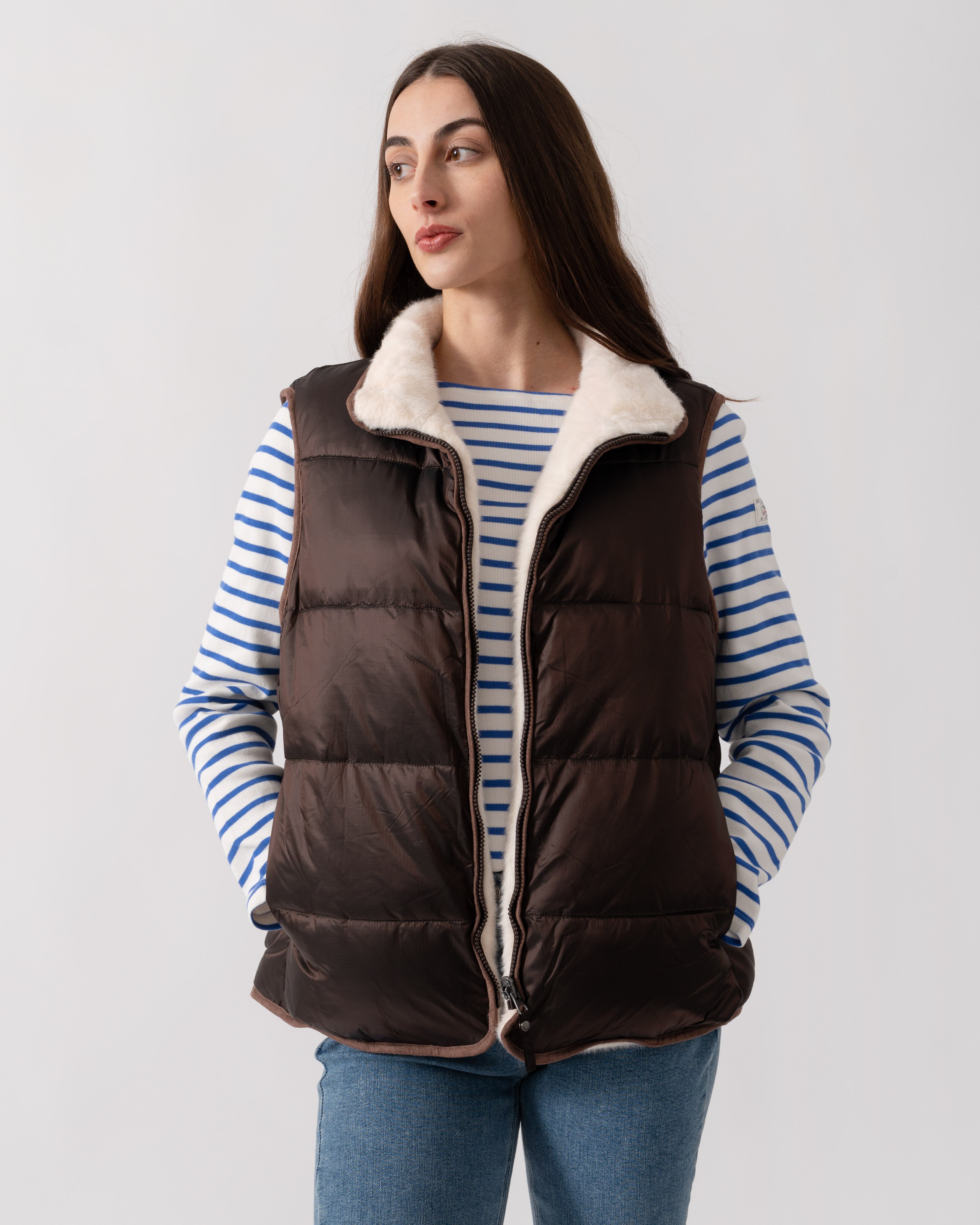 Joules Womens Reversible Faux Fur Gilet - Brown/Cream – CHO