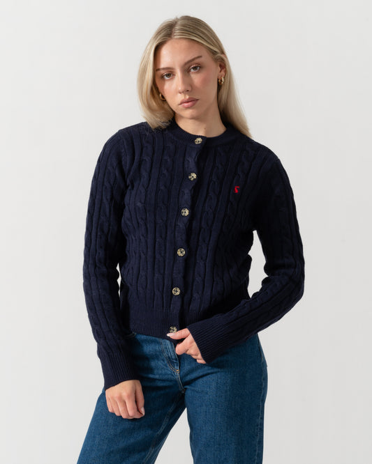 Front of the Joules Womens Wool Blend Cable Knit Cardigan - Navy
