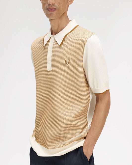 Fred Perry Mens Tonic Waffle Knitted Polo Shirt - Ecru 560 | CHO | Designer Mens Short Sleeve Polo Shirts