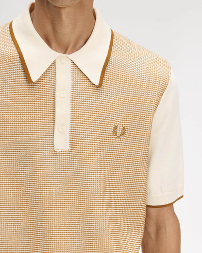 Fred Perry Mens Tonic Waffle Knitted Polo Shirt - Ecru 560 | CHO | Designer Mens Short Sleeve Polo Shirts