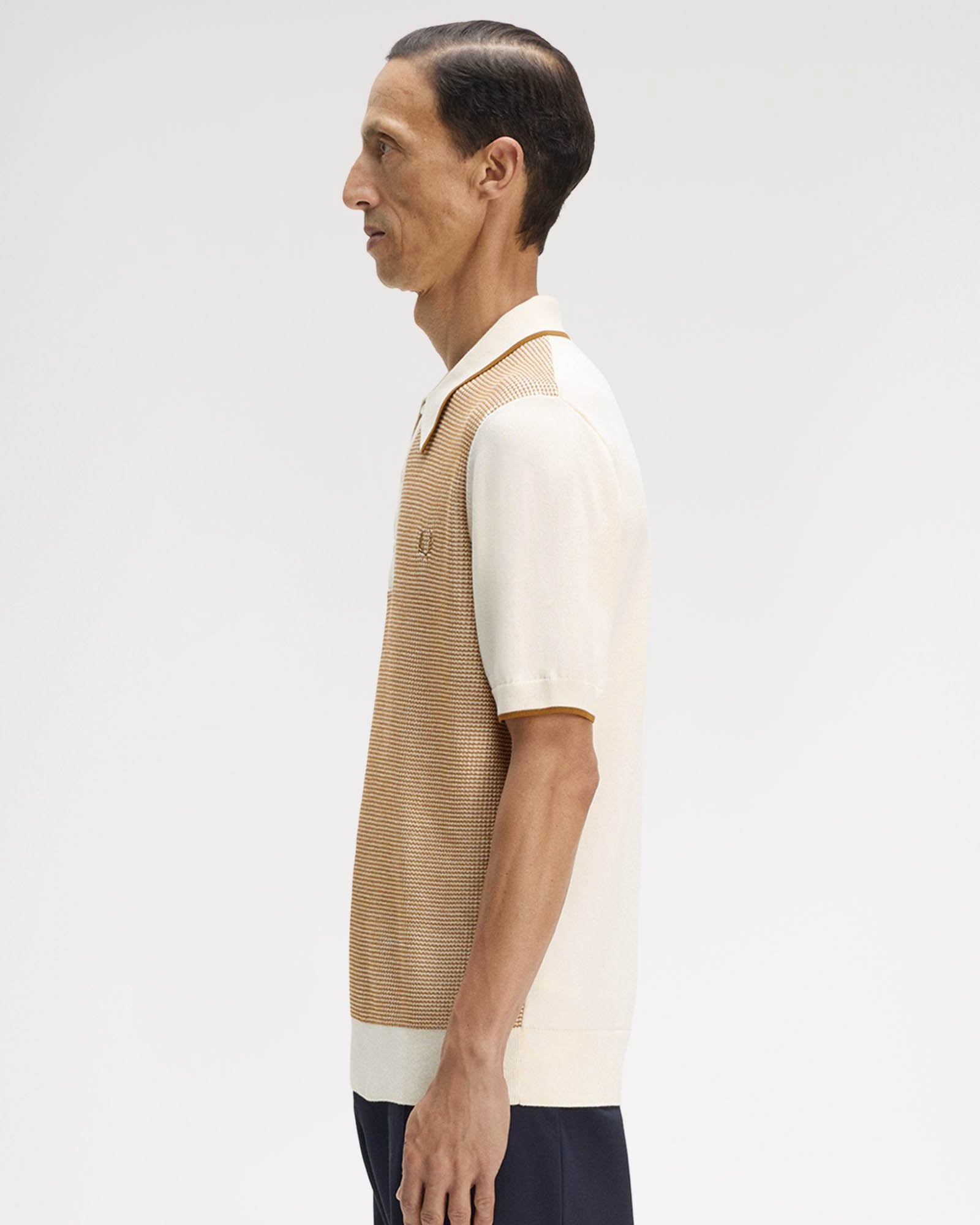 Fred Perry Mens Tonic Waffle Knitted Polo Shirt - Ecru 560 | CHO | Designer Mens Short Sleeve Polo Shirts