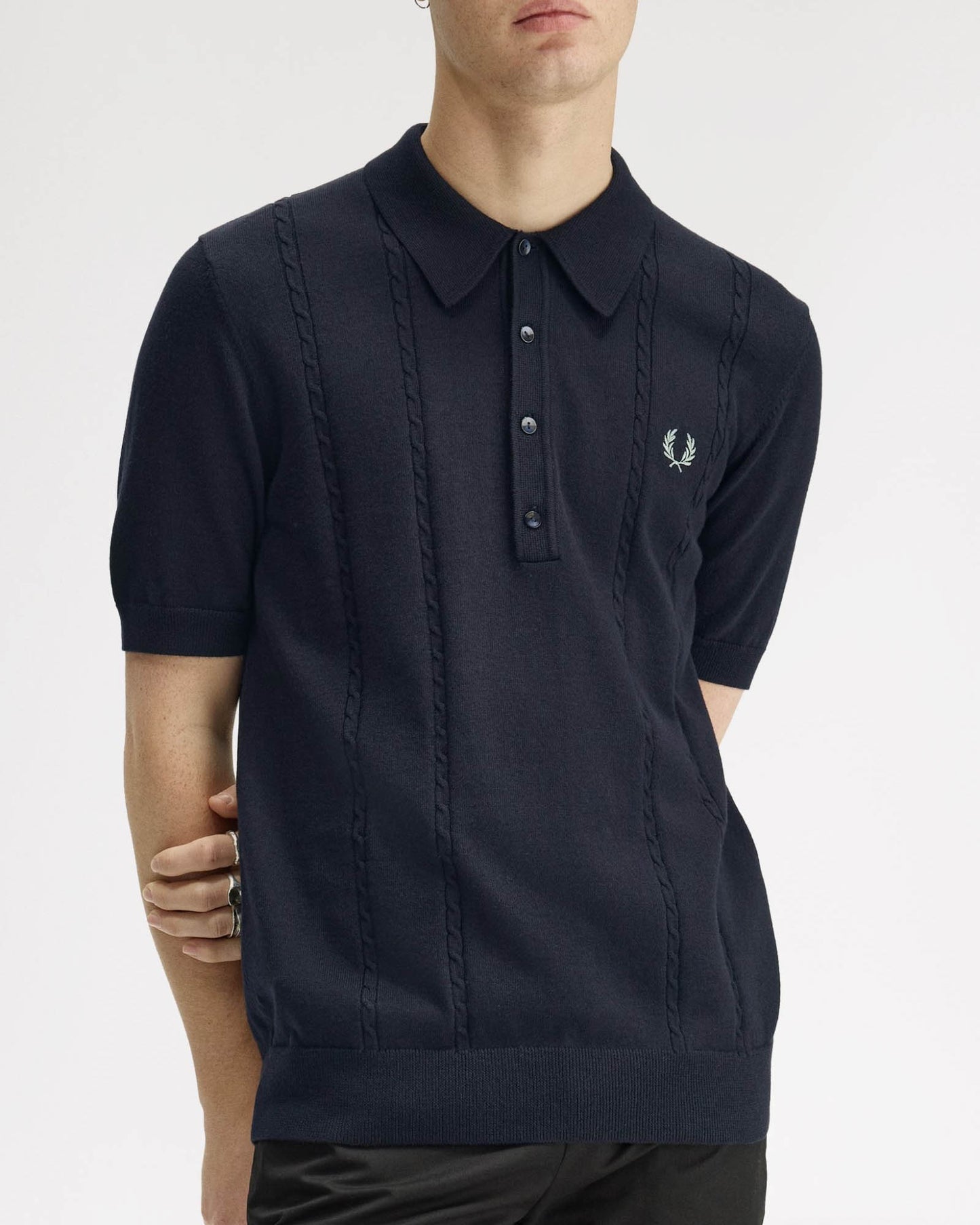 Fred Perry Mens Cable Knitted Polo Shirt - Navy 608 | CHO | Designer Mens Polo Shirts