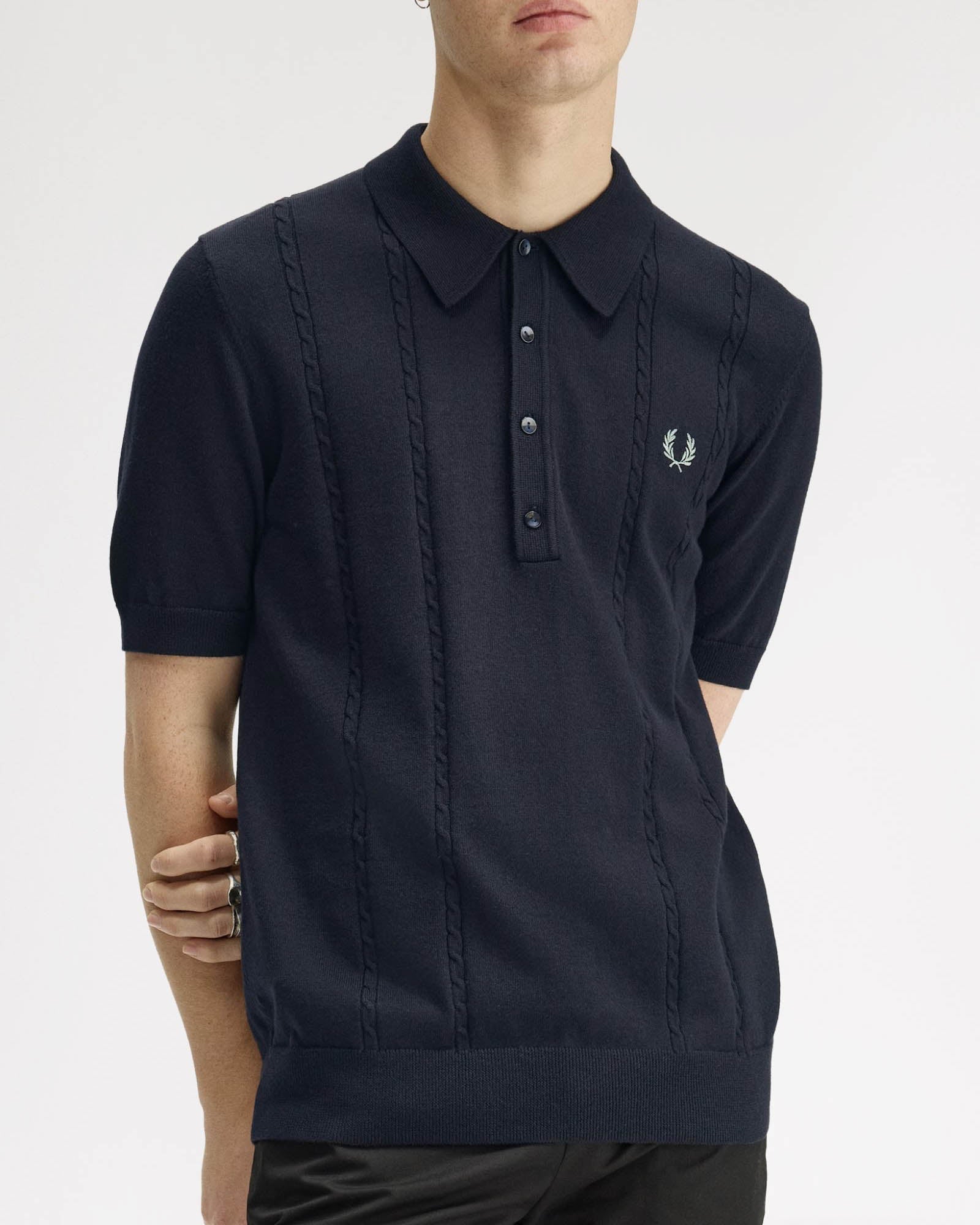 Fred Perry Mens Cable Knitted Polo Shirt - Navy 608 | CHO | Designer Mens Polo Shirts