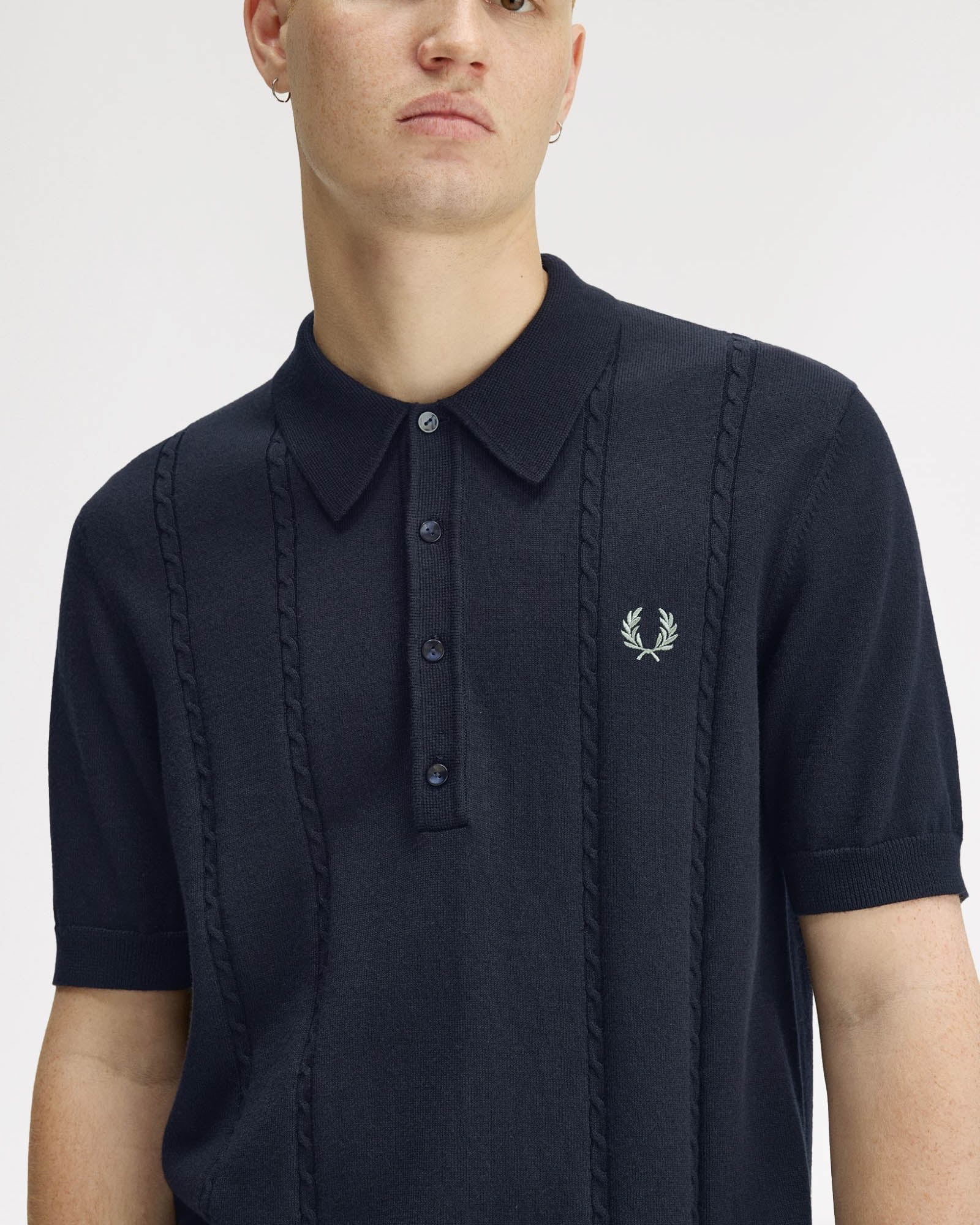 Fred Perry Mens Cable Knitted Polo Shirt - Navy 608 | CHO | Designer Mens Polo Shirts