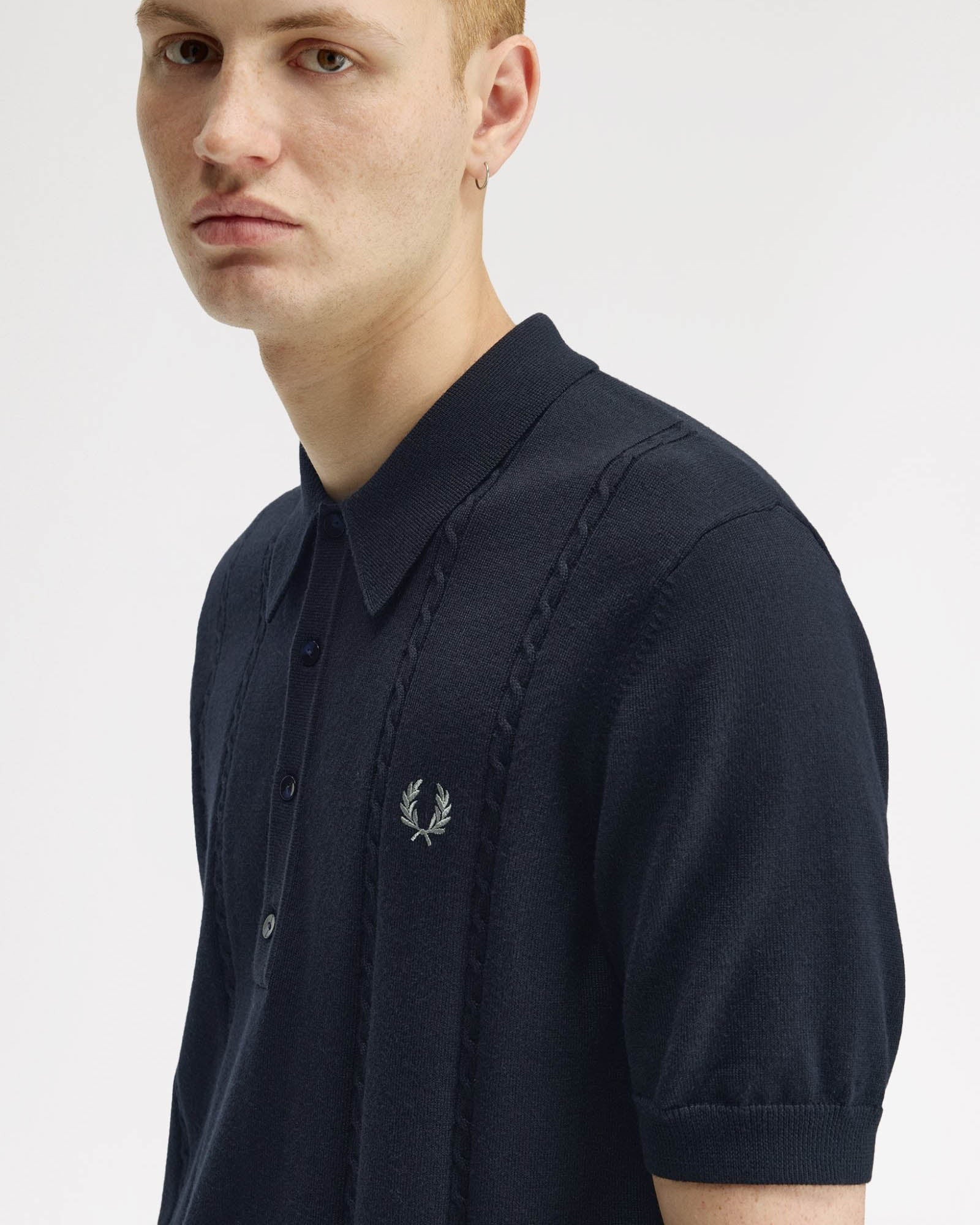 Fred Perry Mens Cable Knitted Polo Shirt - Navy 608 | CHO | Designer Mens Polo Shirts