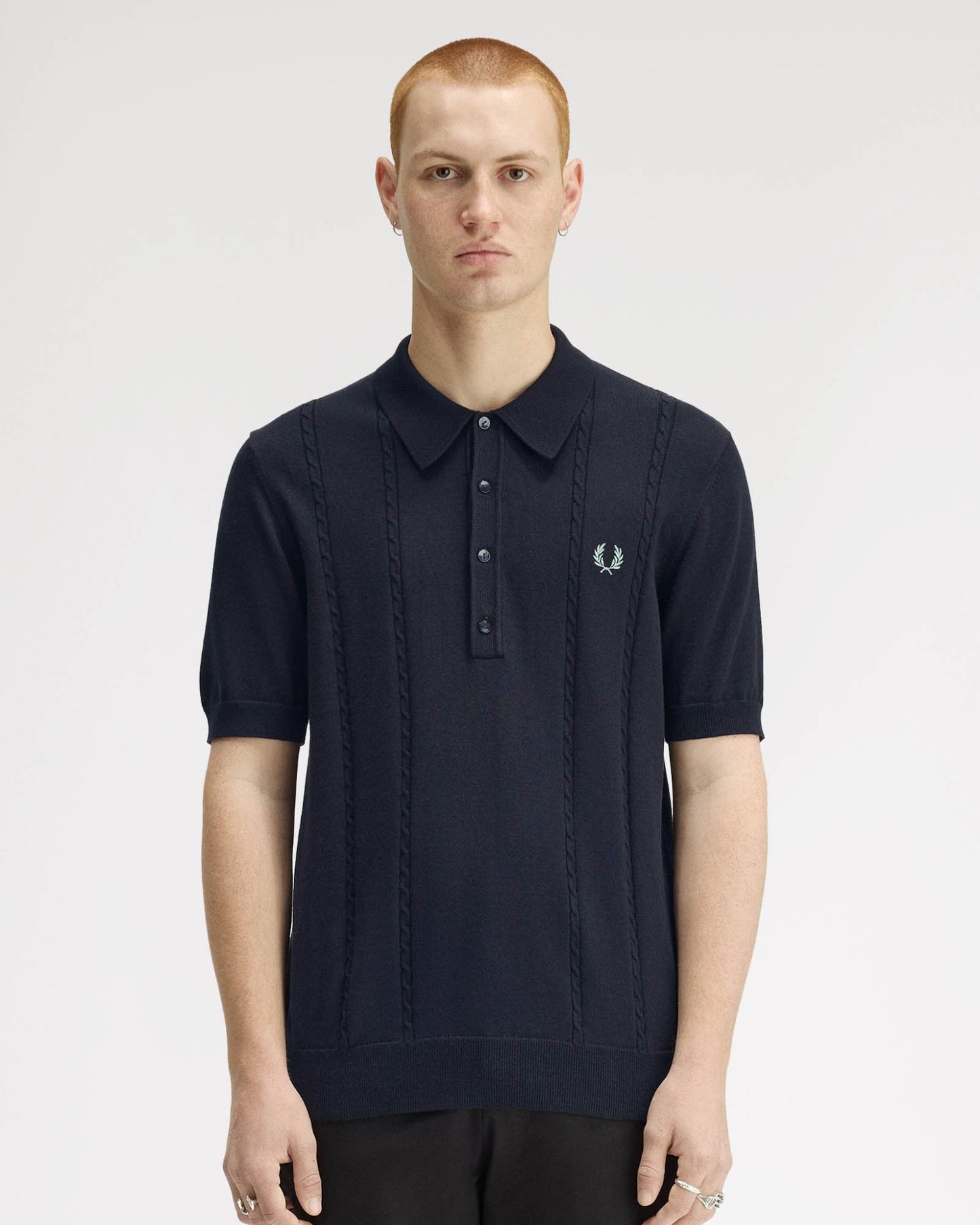 Fred Perry Mens Cable Knitted Polo Shirt - Navy 608 | CHO | Designer Mens Polo Shirts