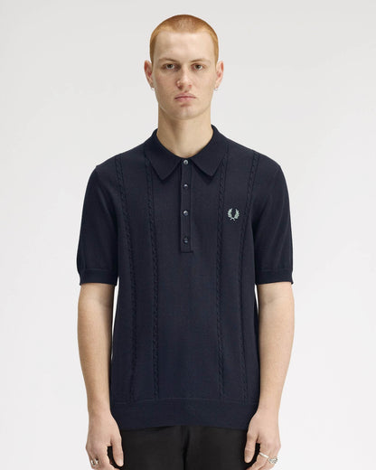 Fred Perry Mens Cable Knitted Polo Shirt - Navy 608 | CHO | Designer Mens Polo Shirts