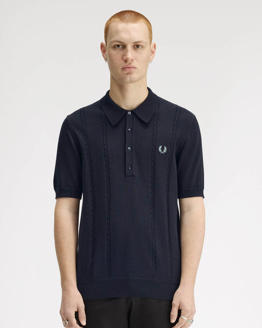 Fred Perry Mens Cable Knitted Polo Shirt - Navy 608