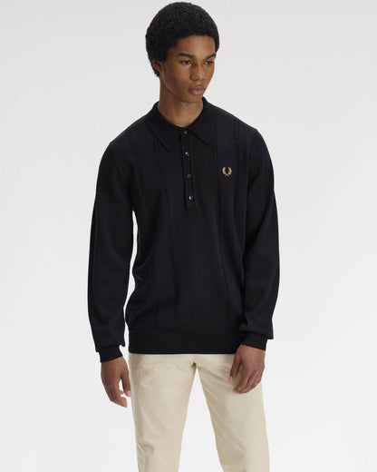 Fred Perry Mens Cable Knitted Long Sleeve Polo Shirt - Black 102