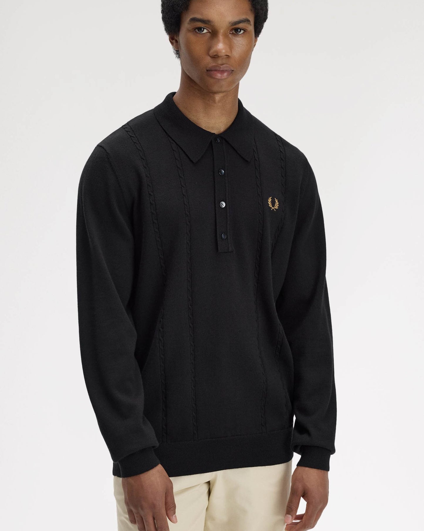 Fred Perry Mens Cable Knitted Long Sleeve Polo Shirt - Black 102