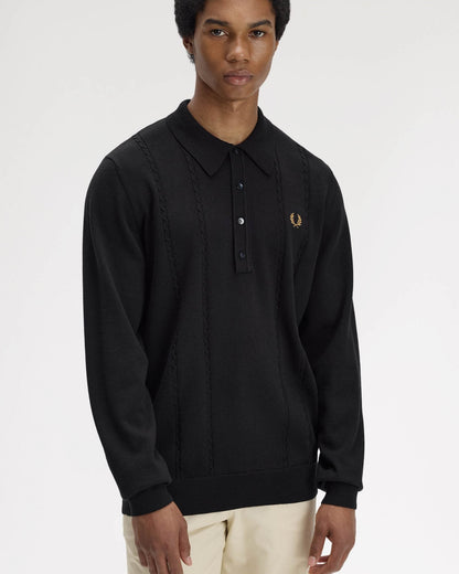 Fred Perry Mens Cable Knitted Long Sleeve Polo Shirt - Black 102