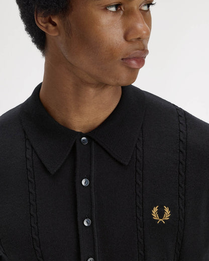 Fred Perry Mens Cable Knitted Long Sleeve Polo Shirt - Black 102