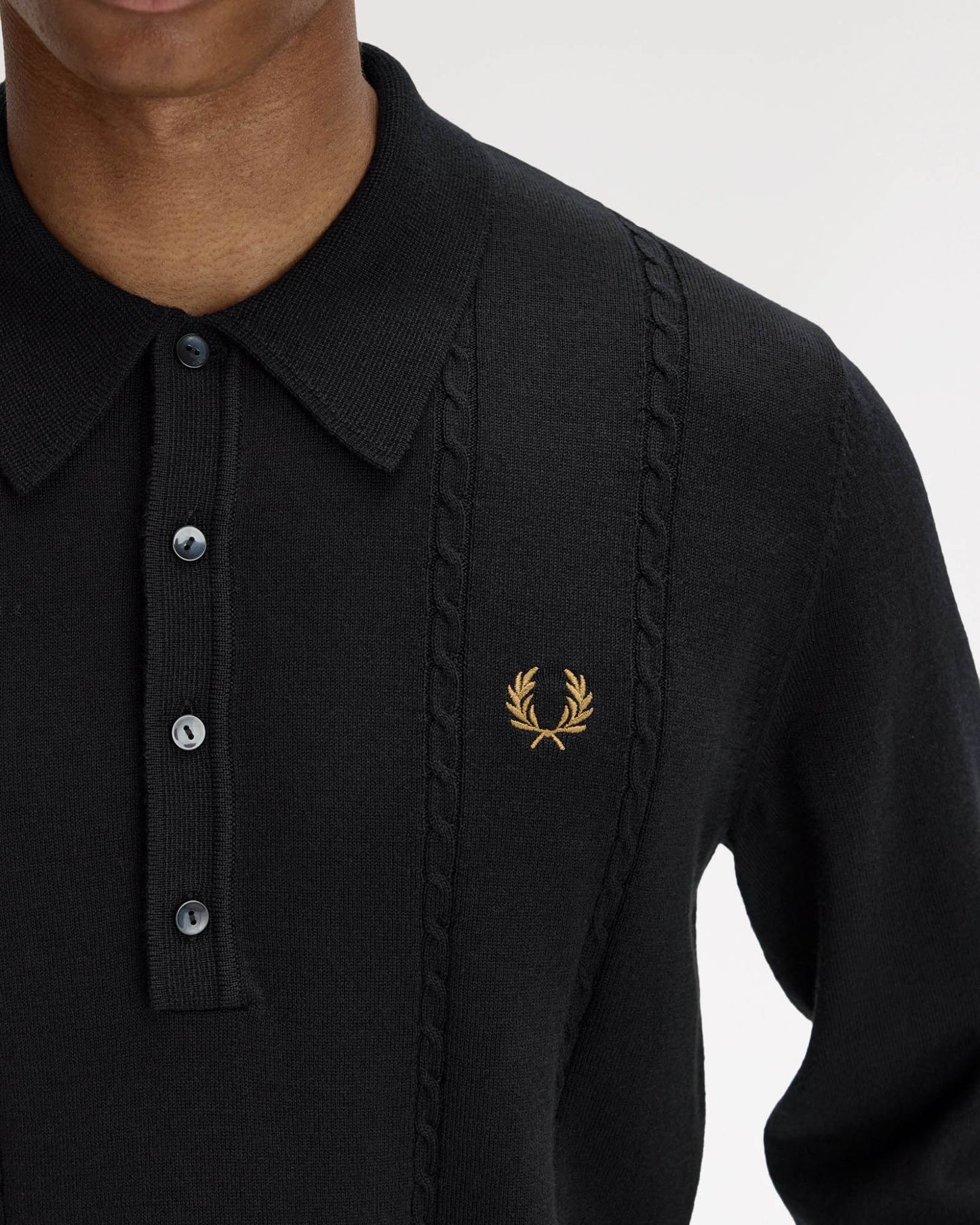 Fred Perry Mens Cable Knitted Long Sleeve Polo Shirt - Black 102