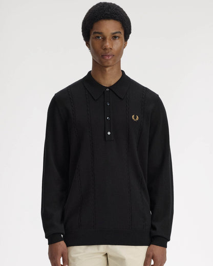 Fred Perry Mens Cable Knitted Long Sleeve Polo Shirt - Black 102