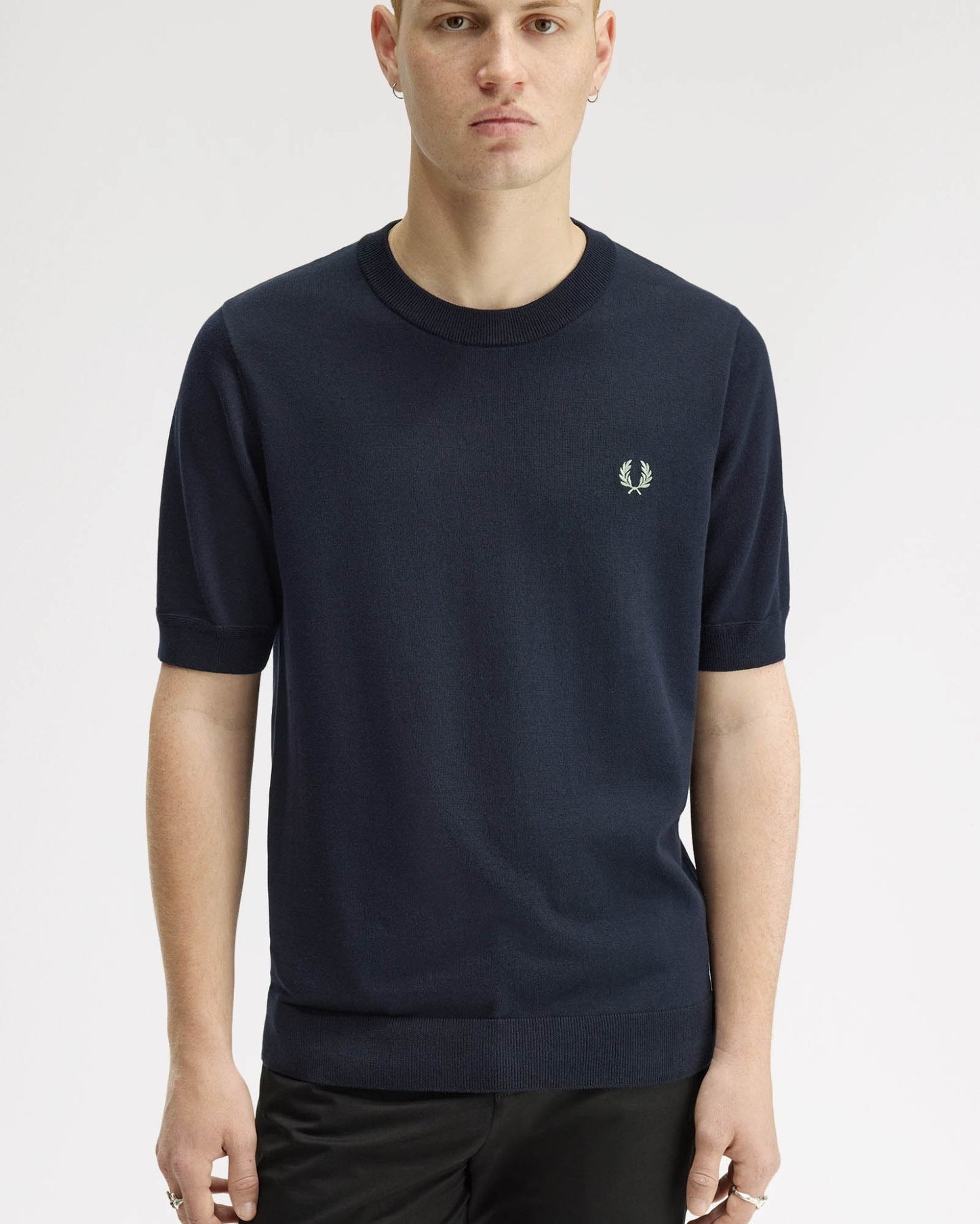 Fred Perry Mens Cotton Knitted T-Shirt - Navy 608 | CHO | Designer Mens T-Shirts