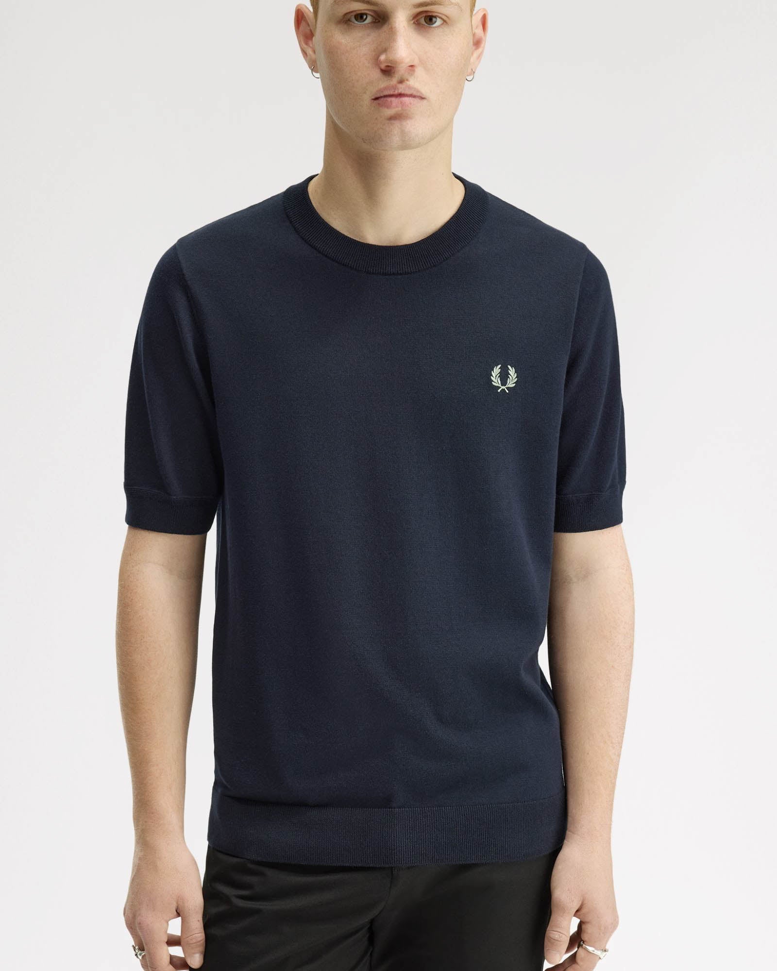 Fred Perry Mens Cotton Knitted T-Shirt - Navy 608 | CHO | Designer Mens T-Shirts