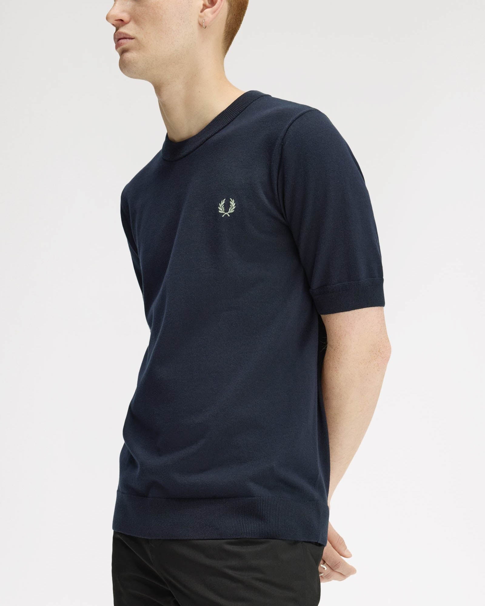 Fred Perry Mens Cotton Knitted T-Shirt - Navy 608 | CHO | Designer Mens T-Shirts