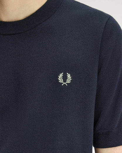 Fred Perry Mens Cotton Knitted T-Shirt - Navy 608 | CHO | Designer Mens T-Shirts