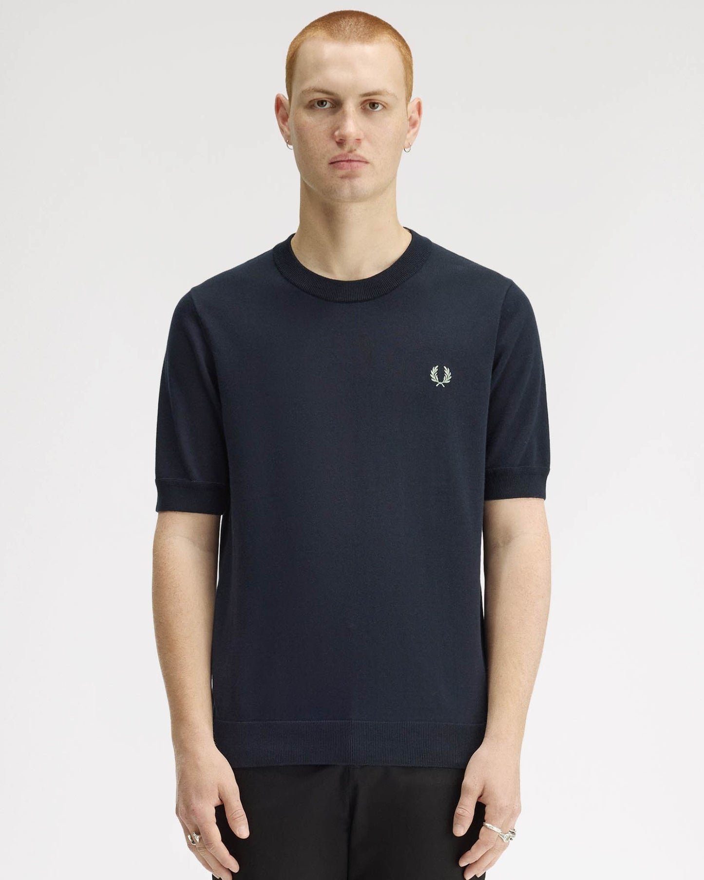 Fred Perry Mens Cotton Knitted T-Shirt - Navy 608 | CHO | Designer Mens T-Shirts