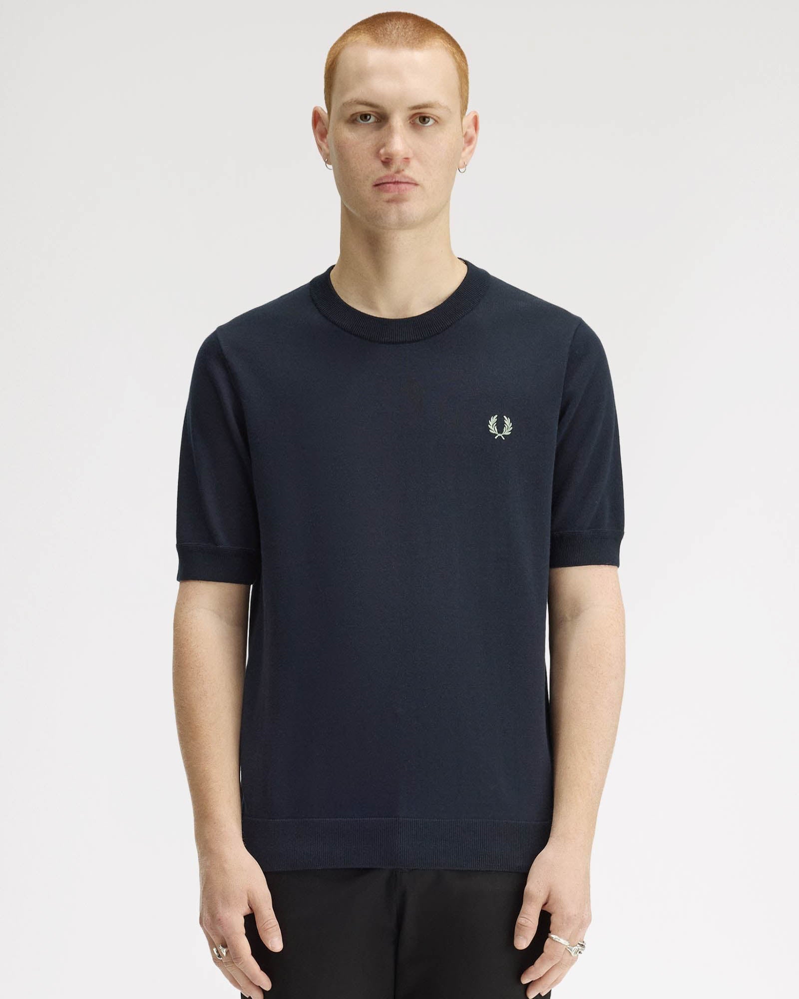 Fred Perry Mens Cotton Knitted T-Shirt - Navy 608 | CHO | Designer Mens T-Shirts