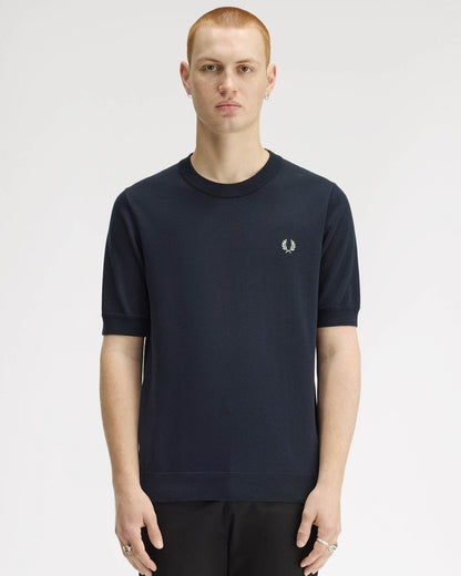 Fred Perry Mens Cotton Knitted T-Shirt - Navy 608 | CHO | Designer Mens T-Shirts