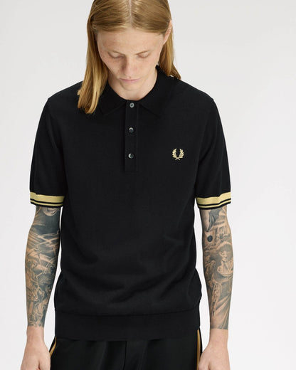 Fred Perry Mens Contrast Cuff Knitted Polo Shirt - Black/Champagne 90A | CHO | Designer Mens Polo Shirts