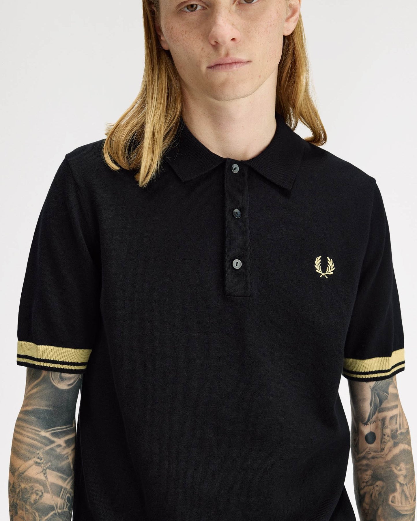 Fred Perry Mens Contrast Cuff Knitted Polo Shirt - Black/Champagne 90A | CHO | Designer Mens Polo Shirts