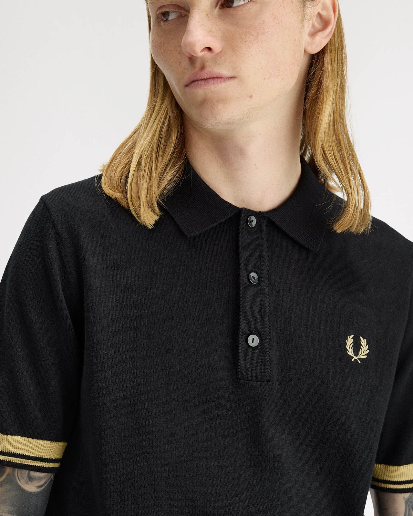 Fred Perry Mens Contrast Cuff Knitted Polo Shirt - Black/Champagne 90A | CHO | Designer Mens Polo Shirts