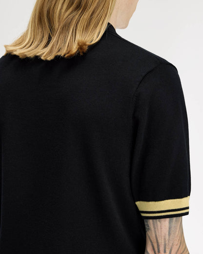 Fred Perry Mens Contrast Cuff Knitted Polo Shirt - Black/Champagne 90A | CHO | Designer Mens Polo Shirts