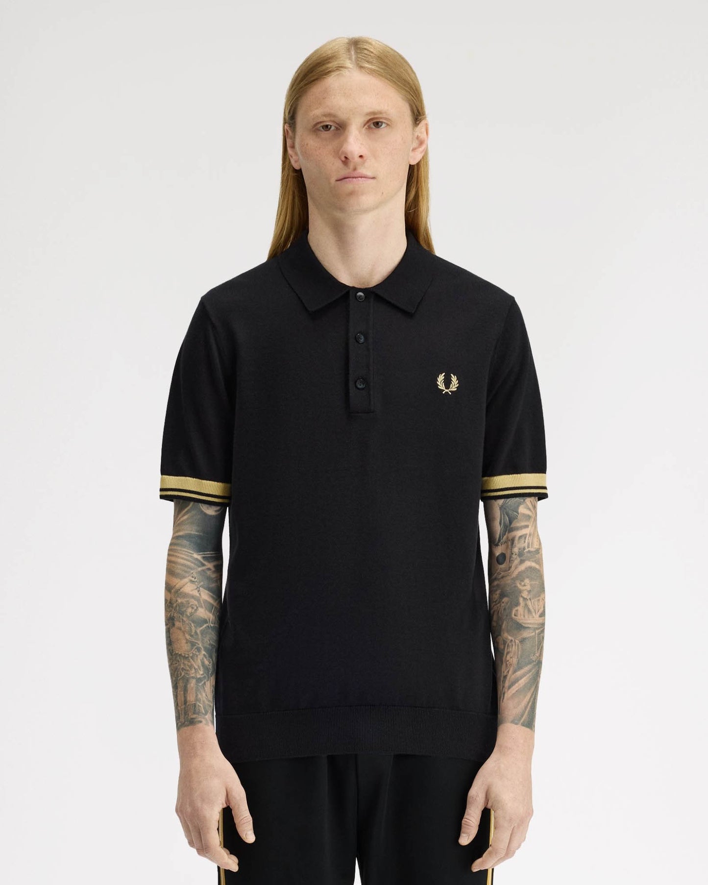 Fred Perry Mens Contrast Cuff Knitted Polo Shirt - Black/Champagne 90A | CHO | Designer Mens Polo Shirts