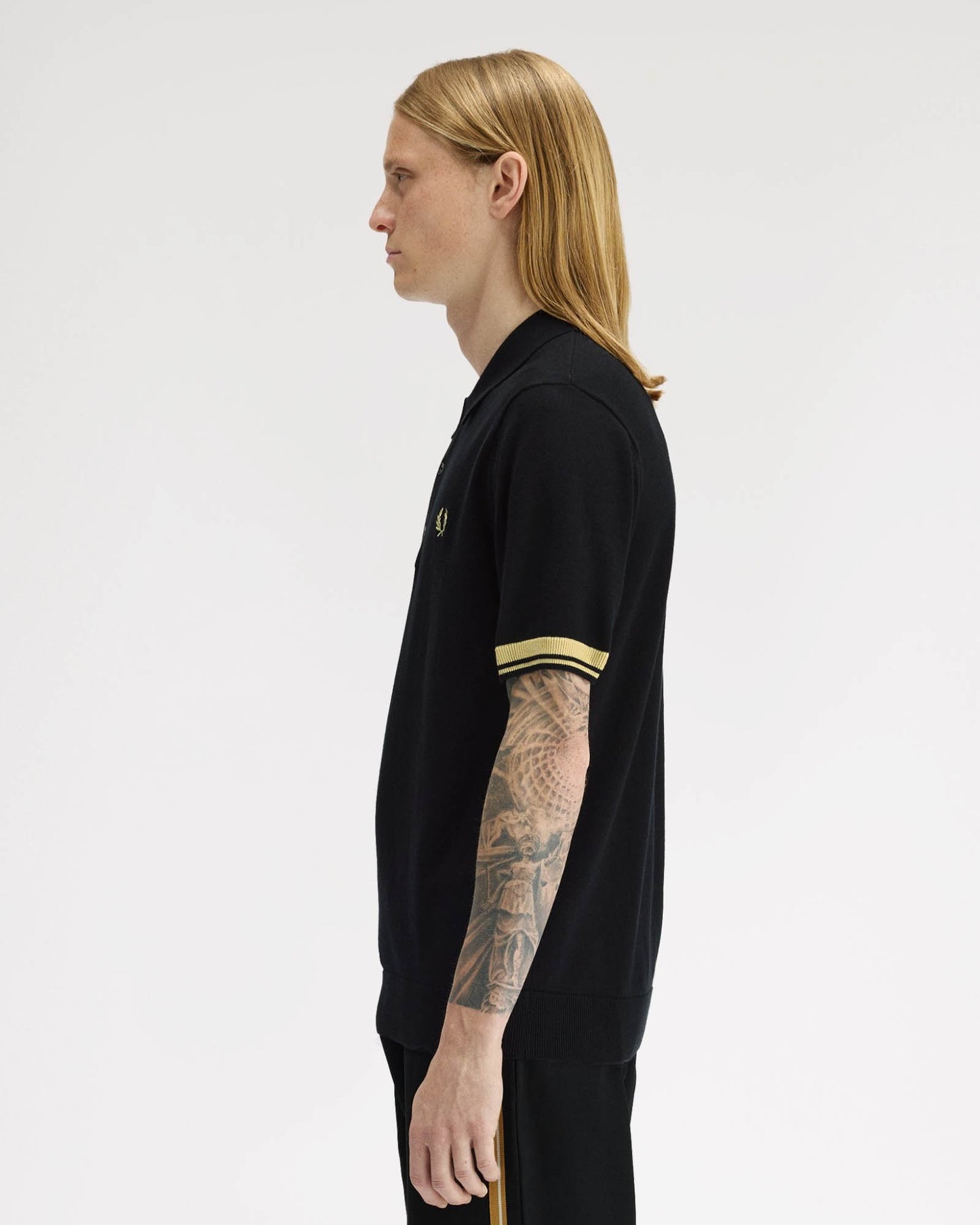 Fred Perry Mens Contrast Cuff Knitted Polo Shirt - Black/Champagne 90A | CHO | Designer Mens Polo Shirts