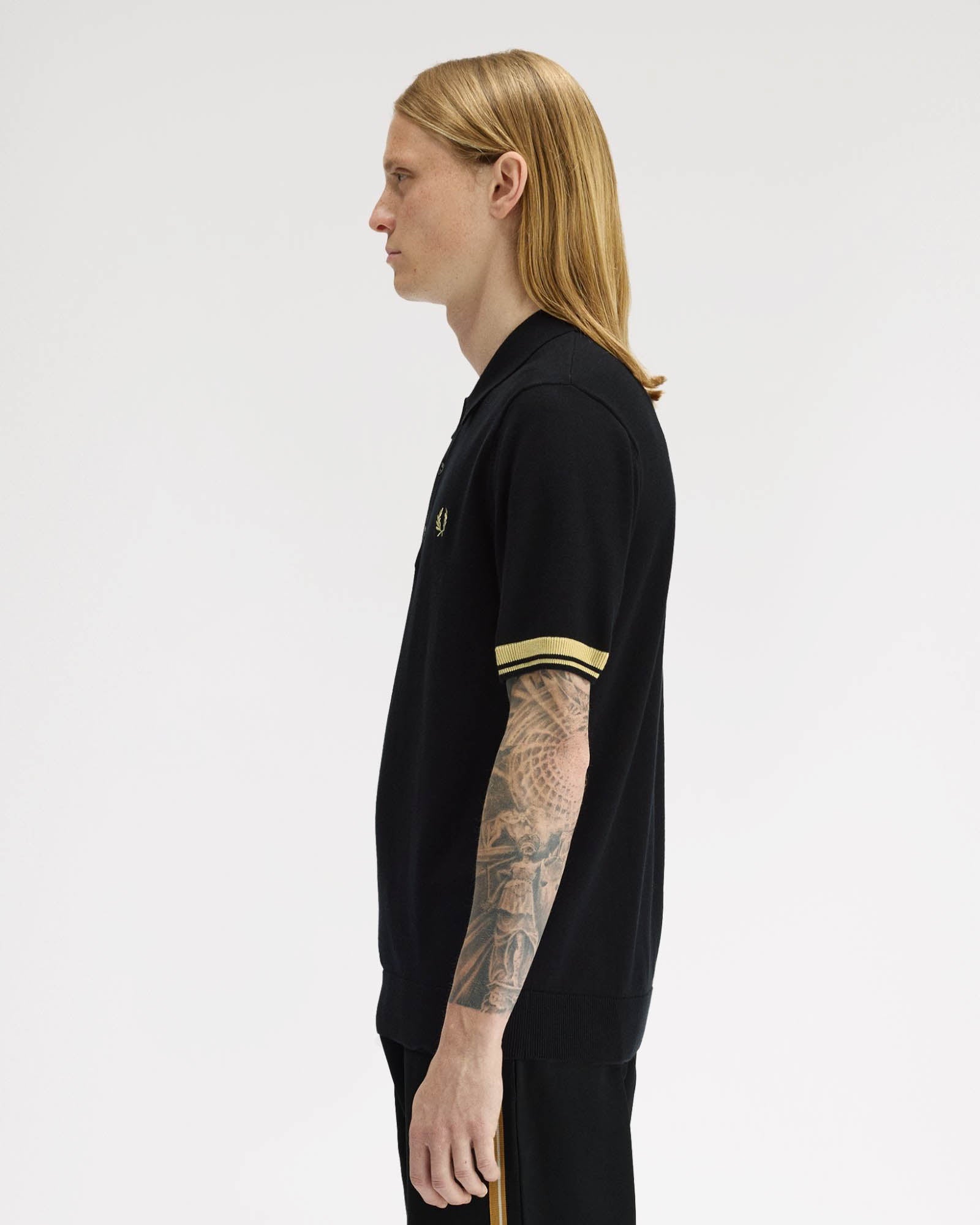 Fred Perry Mens Contrast Cuff Knitted Polo Shirt - Black/Champagne 90A | CHO | Designer Mens Polo Shirts