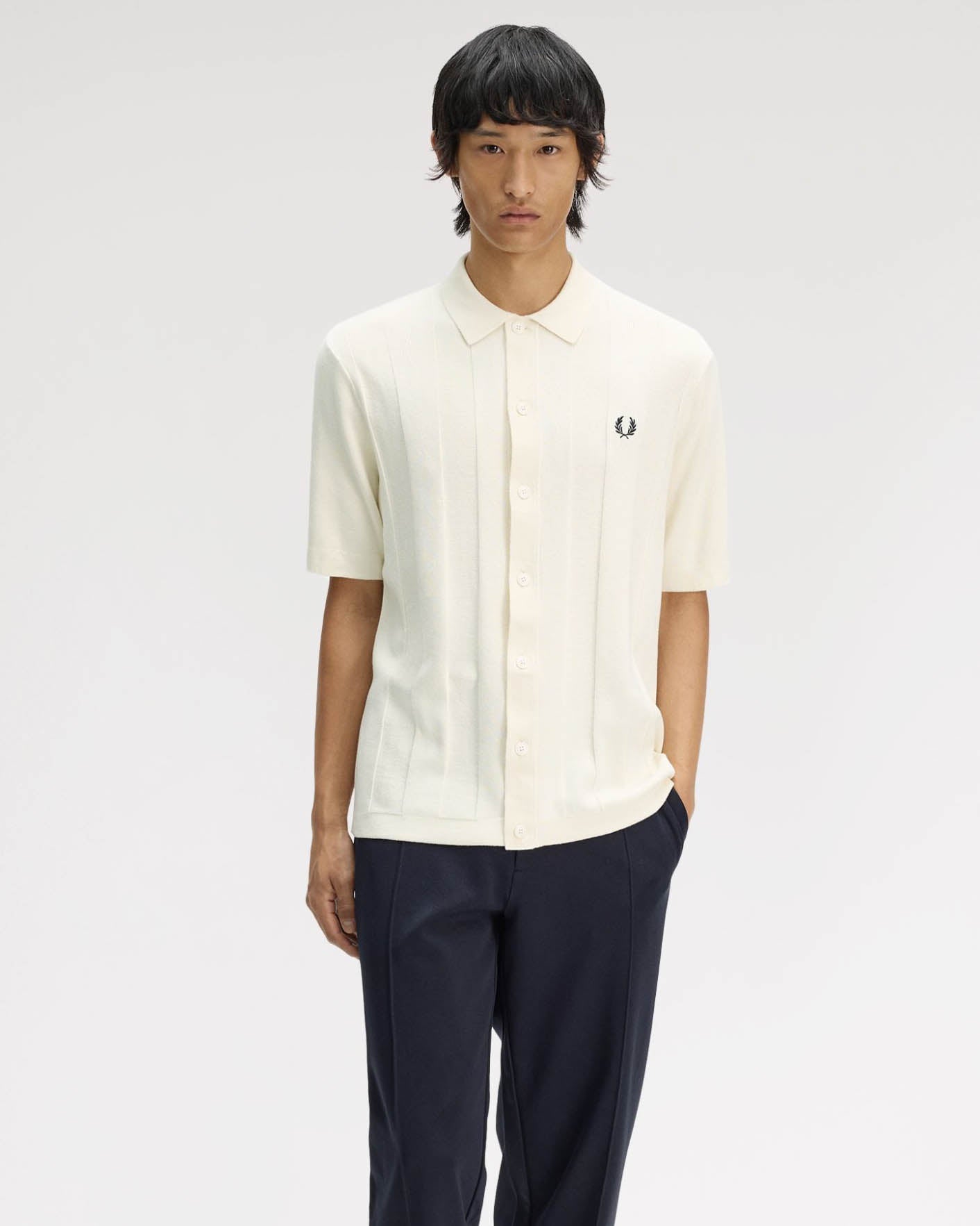 Fred Perry Mens Tonal Vertical Stripe Polo Shirt - Ecru 560 | CHO | Designer Mens Short Sleeve Polo Shirts
