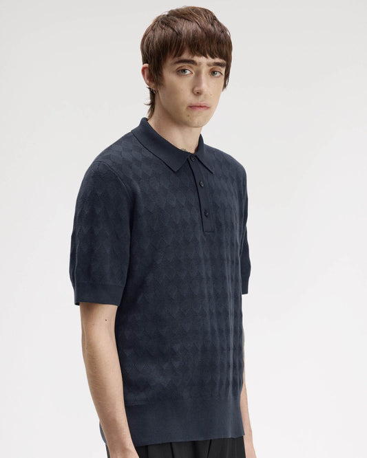 Fred Perry Mens Pointelle Knitted Polo Shirt - Navy 608, front
