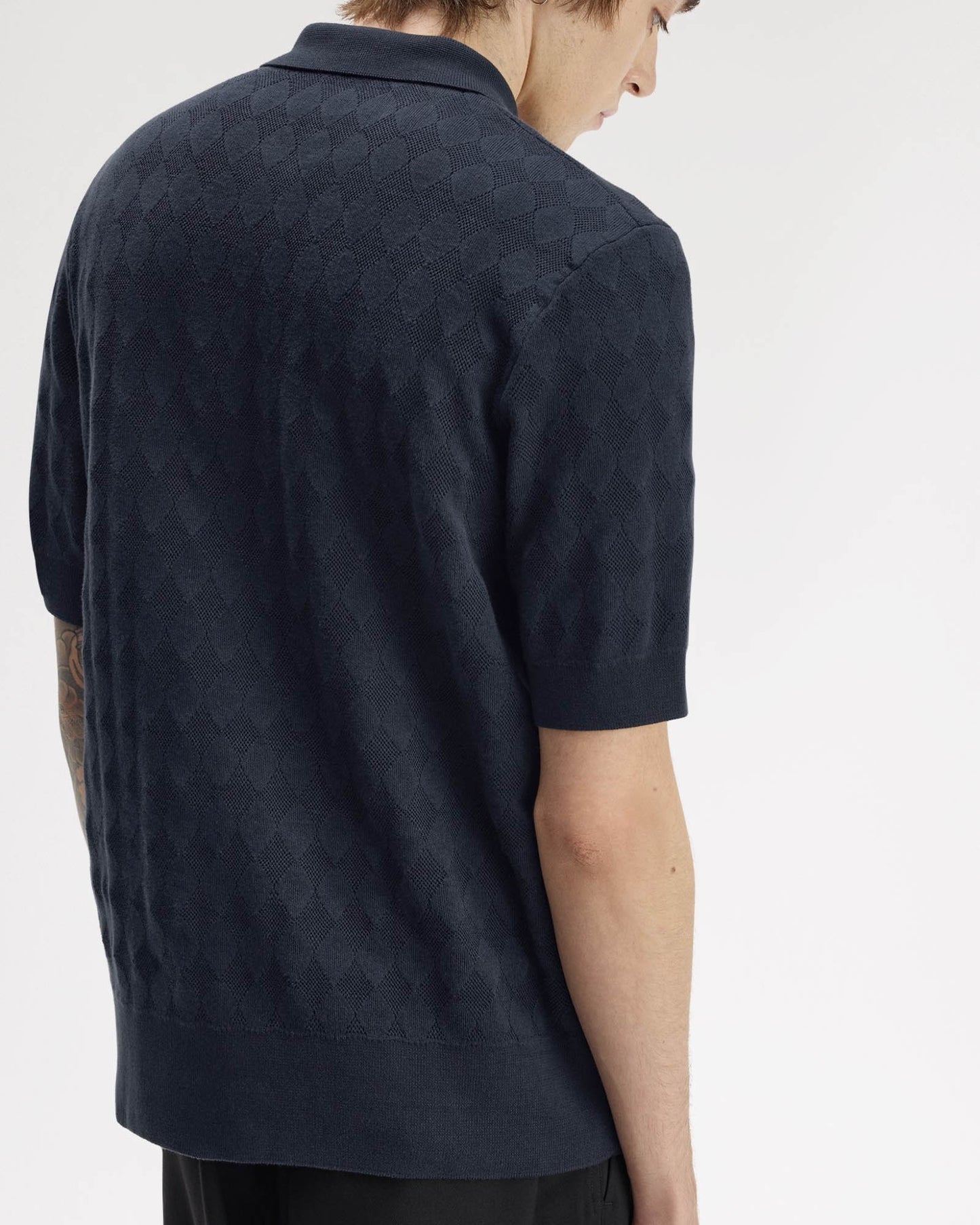 Fred Perry Mens Pointelle Knitted Polo Shirt - Navy 608, back