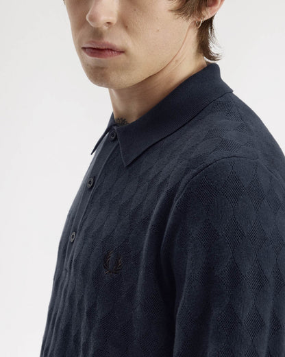 Fred Perry Mens Pointelle Knitted Polo Shirt - Navy 608, detail 2