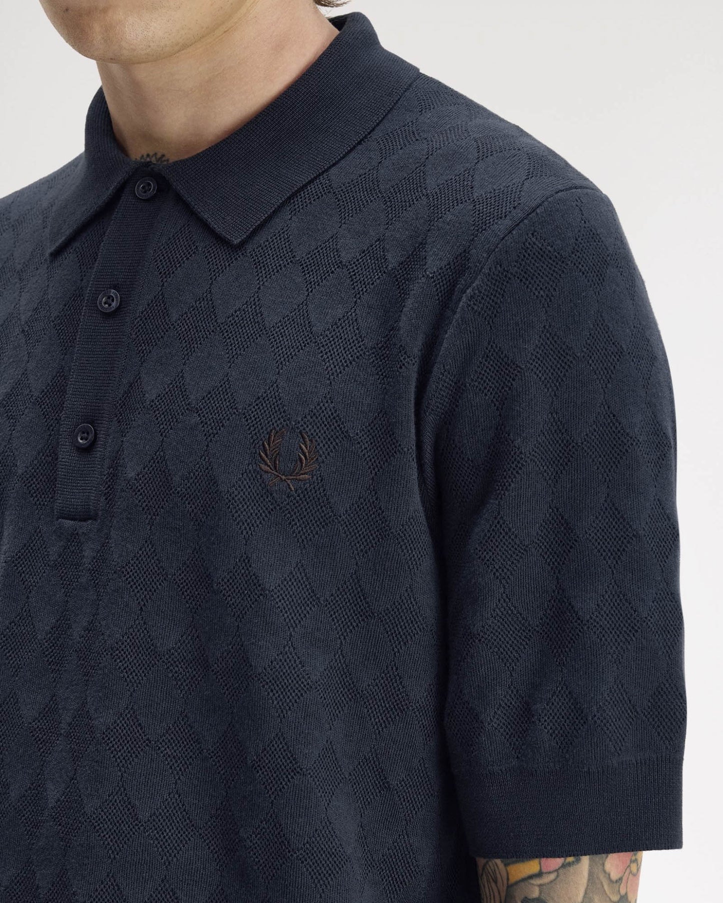 Fred Perry Mens Pointelle Knitted Polo Shirt - Navy 608, detail 1