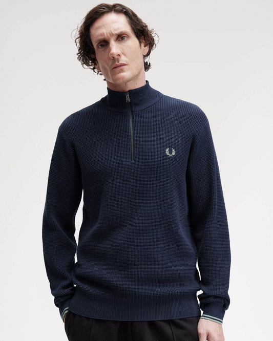Fred Perry Mens Waffle Stitch Half Zip Jumper - Dark Airforce 738