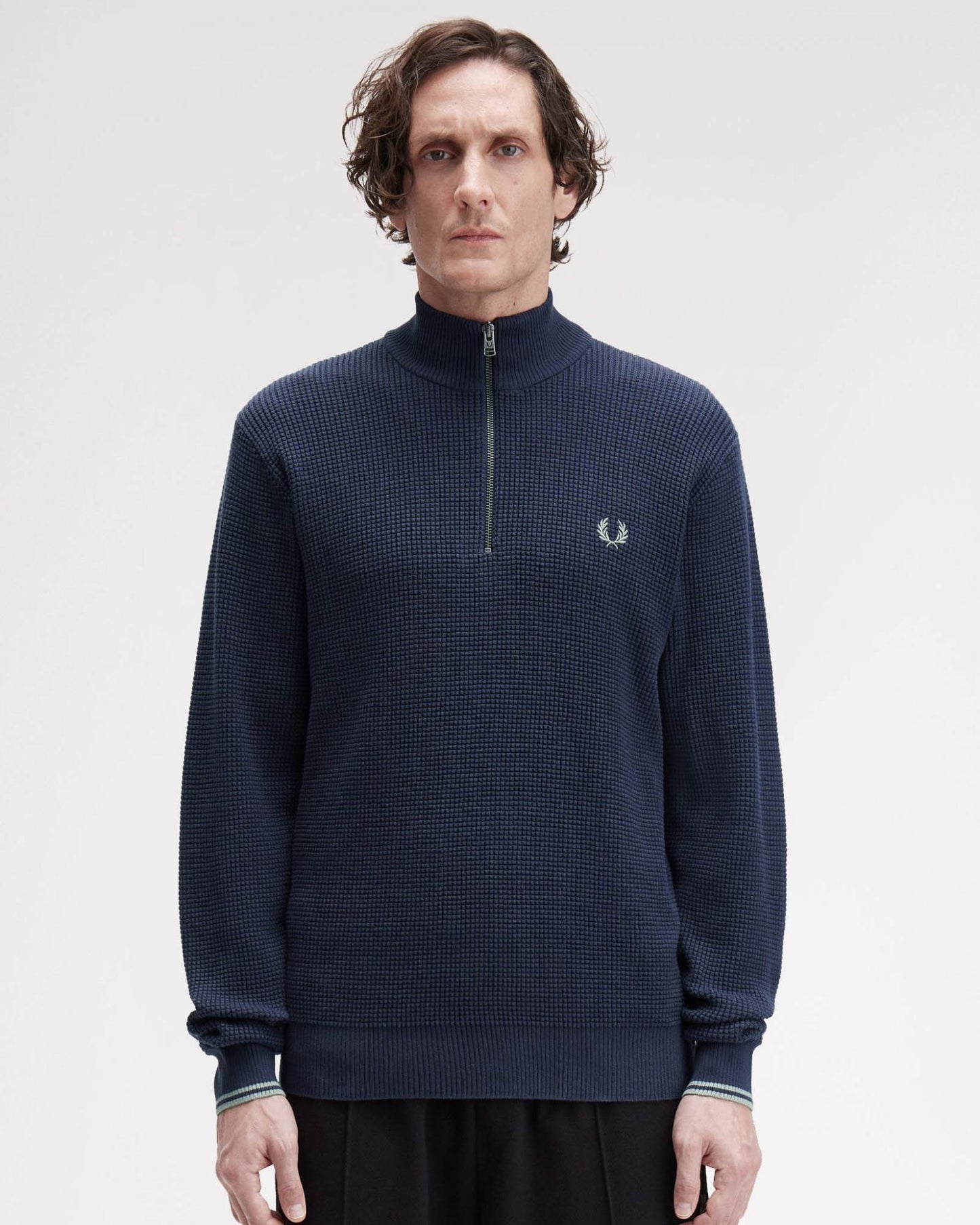 Fred Perry Mens Waffle Stitch Half Zip Jumper - Dark Airforce 738