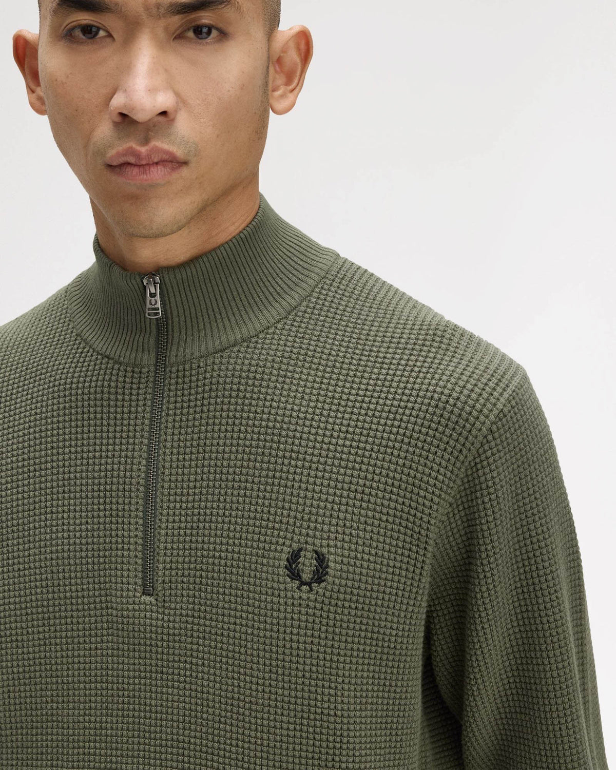 Fred Perry Mens Waffle Stitch Half Zip Jumper - Laurel Wreath Green X21 detail