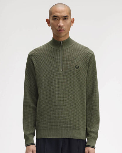 Fred Perry Mens Waffle Stitch Half Zip Jumper - Laurel Wreath Green X21 front