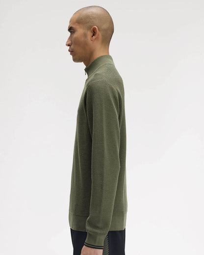 Fred Perry Mens Waffle Stitch Half Zip Jumper - Laurel Wreath Green X21 side profile