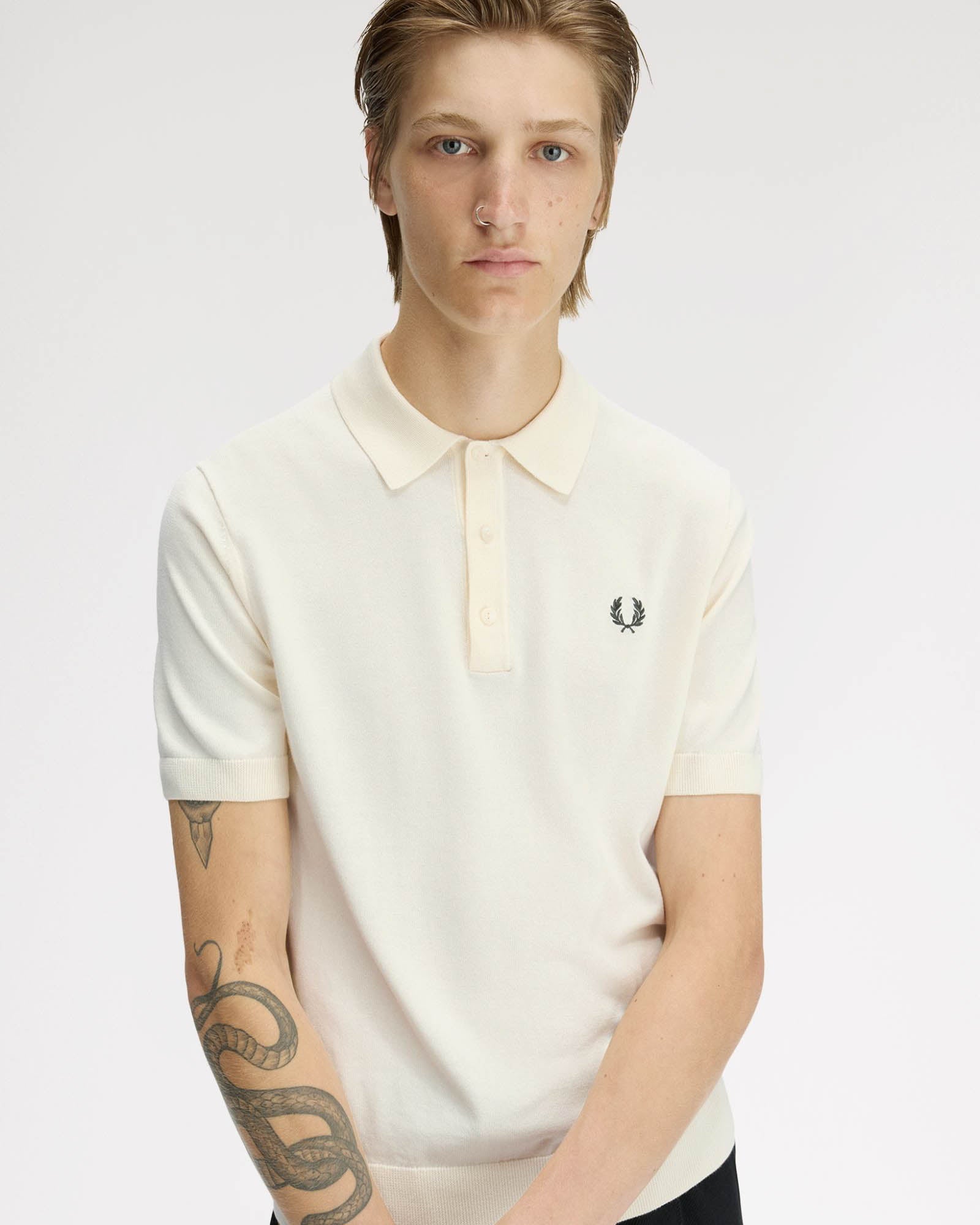 Fred Perry Mens Cotton Knitted Shirt - Ecru 170 | CHO | Designer Mens Short Sleeve Polo Shirts