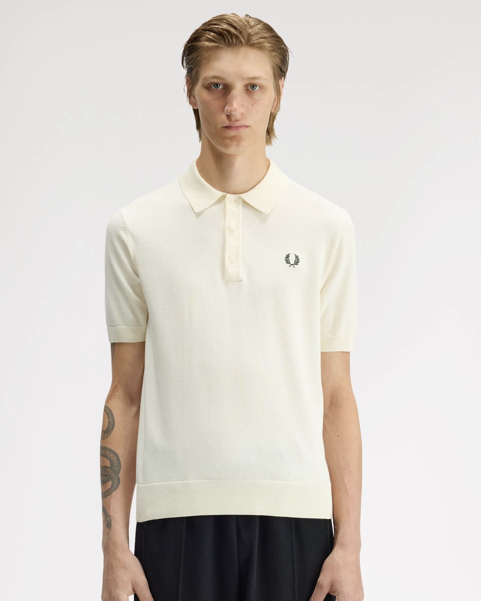 Fred Perry Mens Cotton Knitted Shirt - Ecru 170 | CHO | Designer Mens Short Sleeve Polo Shirts