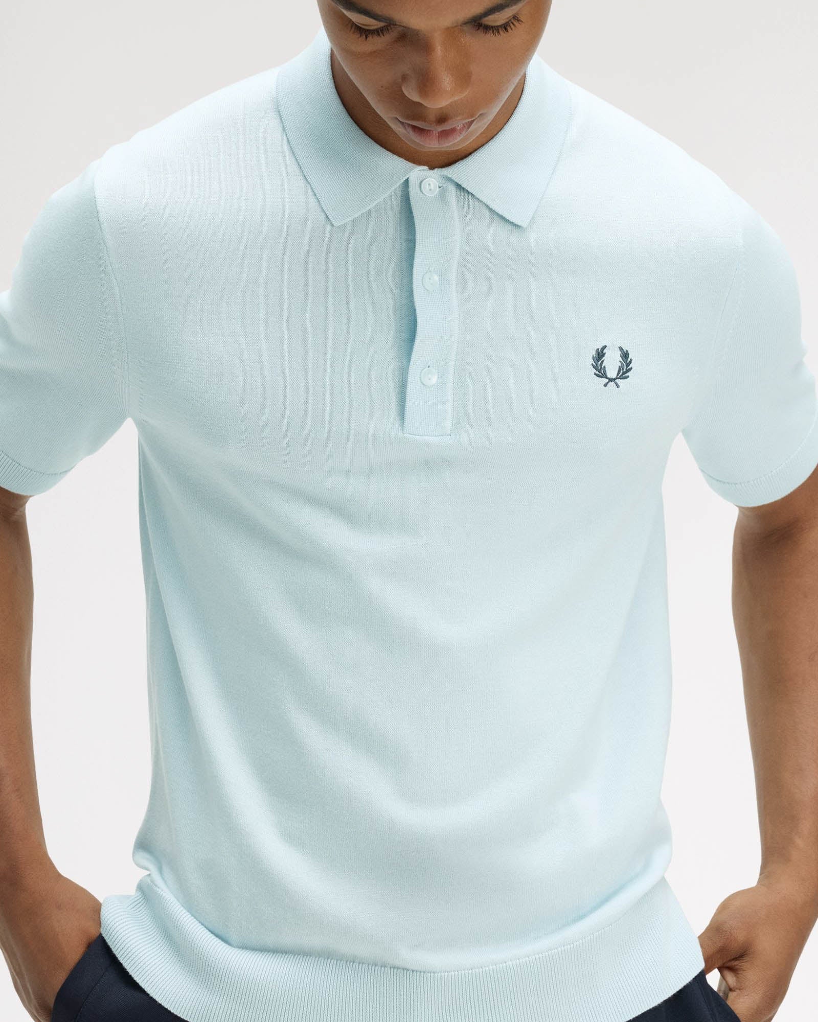 Fred Perry Mens Cotton Knitted Shirt - Light Ice R30 | CHO | Designer Mens Short Sleeve Polo Shirts