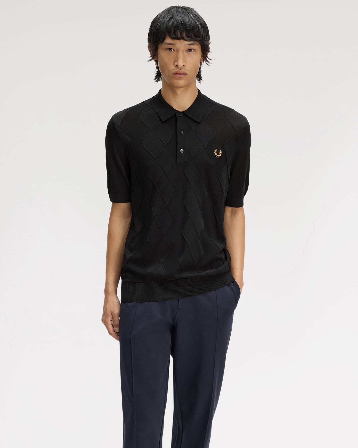 Fred Perry Mens Cable Knitted Polo Shirt - Black 102 | CHO | Designer Mens Short Sleeve Polo Shirts