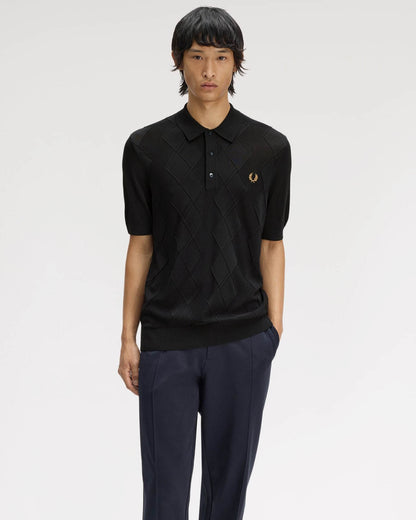 Fred Perry Mens Cable Knitted Polo Shirt - Black 102 | CHO | Designer Mens Short Sleeve Polo Shirts